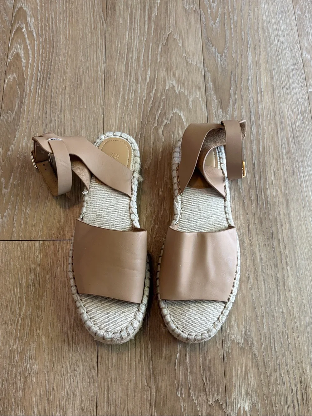H&M Beige Leather Espadrille Sandals w/ Ankle Buckle